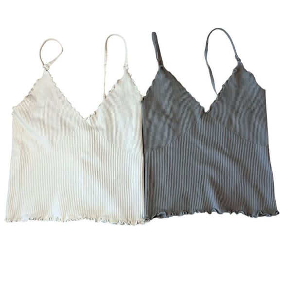 Free People Intimately Ribbed V-Neck Cami Tank Women's XS/S Cream Gray Set of 2 - Picture 1 of 11